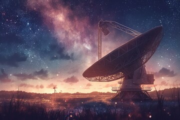 Universe Observatory. A group of telescopes and the Milky Way.