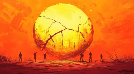 Naklejka premium Cracked sun, desert scene, figures gazing at large, broken orb.