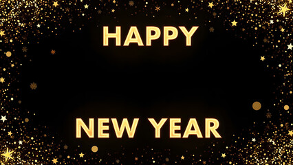 Happy New Year golden text with shiny particles. Concept of celebration, new beginning, and holiday.