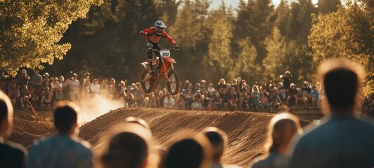 Motocross Rider Soaring High Above the Crowd at Sunset