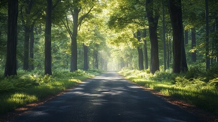 Obraz premium A serene forest road stretches into mist, surrounded by tall trees and soft foliage. atmosphere evokes sense of calm and mystery, inviting exploration