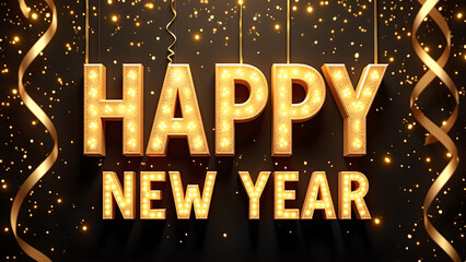 Happy New Year celebration with confetti and ribbons. Concept of party, celebration, and event.