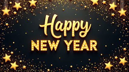 Happy New Year Celebration Background with Golden Stars and Glitter. Concept of New Year's Eve and Holiday Season.