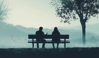 Obraz premium Silhouetted figures sit, reading, park bench, misty scene.