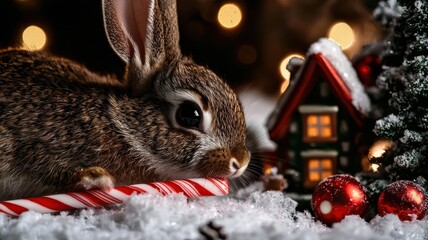A cute rabbit rests on candy canes amidst a snowy backdrop, with festive decorations and a cozy lighted house, creating a magical winter scene.