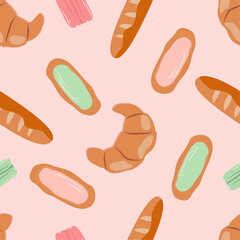 
vector seamless pattern with pastries, croissants, eclairs, macaroons