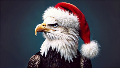 A close-up shot of a majestic bald eagle, wearing a fluffy red Santa hat | Merry Christmas with Happy New Year
