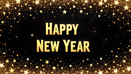 Happy New Year golden text with glowing stars. Concept of celebration, new year, and holiday.