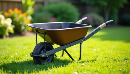 backyard wheelbarrow helps uproot weeds lush green lawn sturdy shovel ongoing gardening
