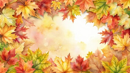Watercolor of autumn foliage background with a frame, fall, leaves, red, seasonal, nature, painting, art