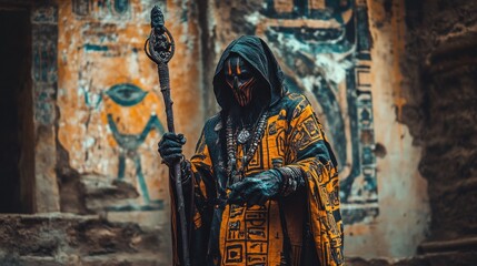 Obraz premium Mysterious figure in ancient ruins, holding staff, wearing ornate robe.