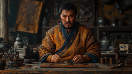 Obraz premium Skilled Tatar-Mongol craftsman engaged in traditional artistry in workshop