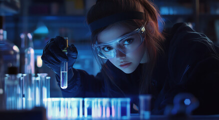 A focused young scientist studies and mixes solutions in a dimly lit laboratory. The vibrant colors of the test tubes reflect her dedication to her research.