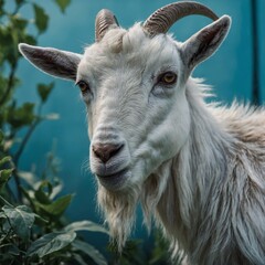 A close-up of a goat's face, with green leaves and soft blue hues in the background.
