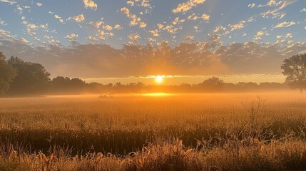 Obraz premium Golden sunrise over misty wheat field with distant tractor.