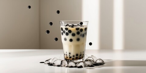 Refreshing bubble tea with tapioca pearls on ice
