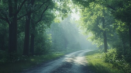 Obraz premium A serene forest road stretches into mist, surrounded by tall trees and soft foliage. atmosphere evokes sense of calm and mystery, inviting exploration
