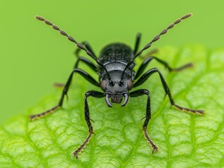 Black Beetle Closeup on Green Leaf, Detailed Insect Macro Photography