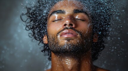 A close-up of a man with curly hair, water droplets cascading over his face.