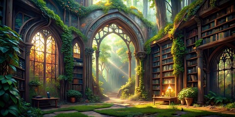 Fototapeta premium Enchanted Forest Library Sunlit Gothic Archway and Bookcases
