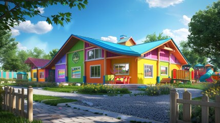 Vivid and inviting daycare center exterior showcasing a cheerful atmosphere and bright colors