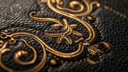 Elegant embroidery logo with fine stitching, warm lighting