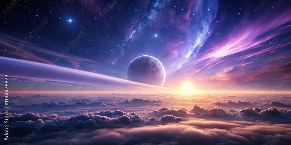 Canvas Prints Celestial Sunrise A Dreamlike Planet Above a Sea of Clouds and Stars