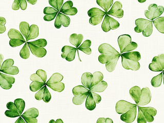 Watercolor Shamrocks Pattern on a White Background for St. Patrick’s Day Design - Tiled repeating