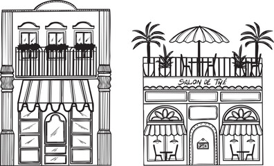 Fototapeta premium Illustrations boutique salon de thé restaurant vecteur traits noirs modifiables