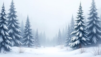 Fototapeta premium Watercolor of a Snowfall in a Winter Forest with Tall Fir Trees Covered in White Caps