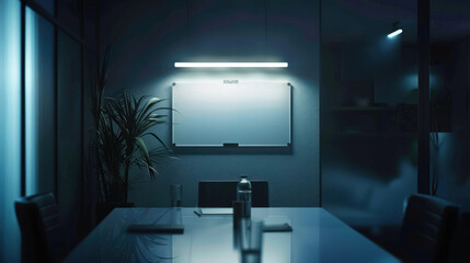 Elegant logo showcased on a whiteboard in a virtual meeting room, realistic lighting