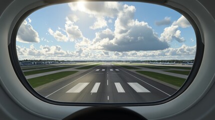 Naklejka premium Airplane takeoff view airport runway photography bright sky inside cabin travel and adventure experience