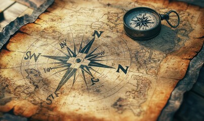 A compass on an old map with intricate markings, pointing towards distant, uncharted lands. The map's rustic feel and worn edges evoke a sense of exploration and unknown horizons.