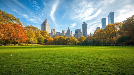 Obraz premium Colorful autumn Park with city view red and yellow maple trees and blue sky,Autumn forest path,Lawn in autumn city park in Sunny day,Trees with yellow leaves in park,Natural Wallpaper.