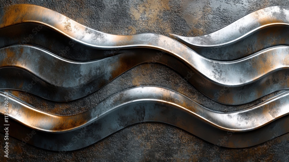 Poster waves of metal create an artistic flow against a textured backdrop in an industrial setting