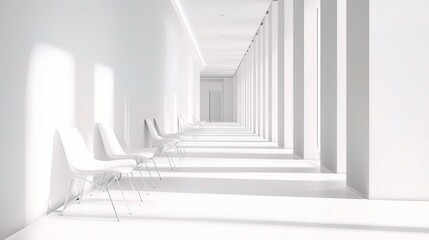 Obraz premium Clean and Empty Hospital Corridor with White Chairs and Bright Light