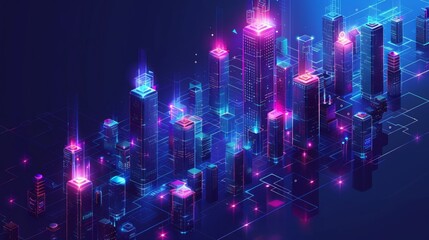 Obraz premium Futuristic city skyline with glowing skyscrapers, isometric view, digital network connections.