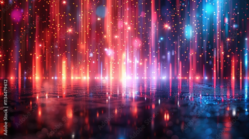 Poster a vibrant display of colorful lights resembling a digital rain effect on a reflective surface.