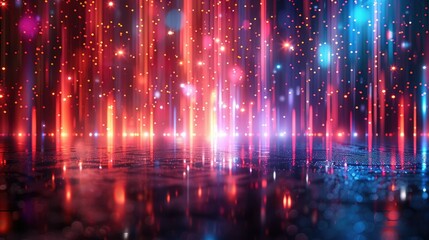 Fototapeta premium A vibrant display of colorful lights resembling a digital rain effect on a reflective surface.