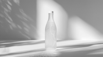 Frosted glass bottle mock-up with soft shadows, gentle light highlighting the textured surface, ideal for a premium, eco-conscious product