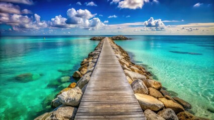 Obraz premium Rocky jetty extending into turquoise waters, creating a serene coastal scene, rocky, jetty, aerial view, turquoise waters