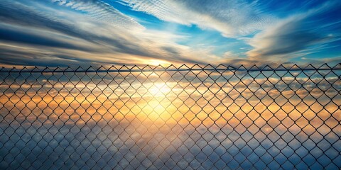 Sunset through a chain link fence, a view of clouds and sky