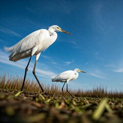 Fototapeta premium A closeup picture of white egret walking on marshy land. . World Wetlands Day is celebrated in February. 