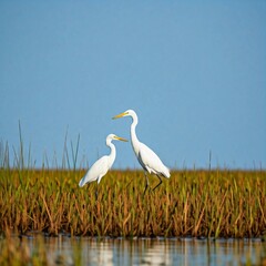 Fototapeta premium A closeup picture of white egret walking on marshy land. . World Wetlands Day is celebrated in February. 