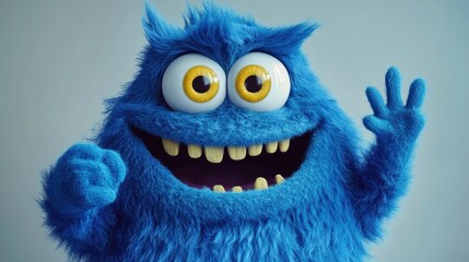 Fototapeta premium Happy blue furry monster waving hello.