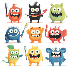 Fototapeta premium Adorable Monsters Brushing Teeth: A Colorful Dental Hygiene Illustration