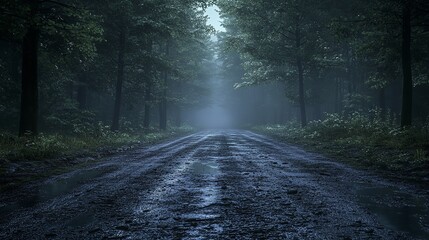 A serene forest road stretches into mist, surrounded by tall trees and soft foliage. atmosphere evokes sense of calm and mystery, inviting exploration
