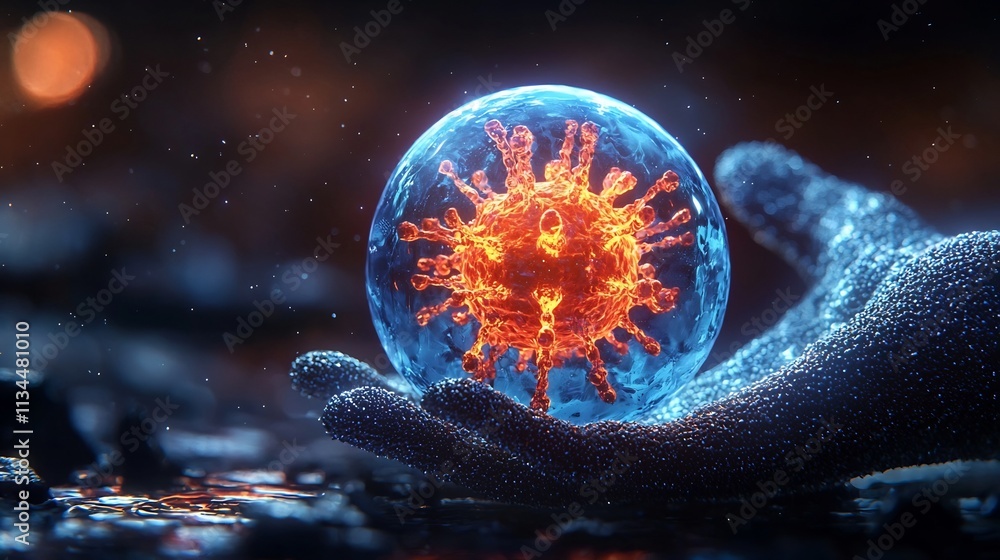 Poster glowing blue virus particle floating in mysterious sci fi space with alien pathogen concept