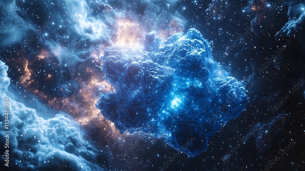 Poster enigmatic glowing blue virus particle floating in cosmic void of space