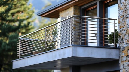 Modern balcony with stainless steel railing on luxury house.